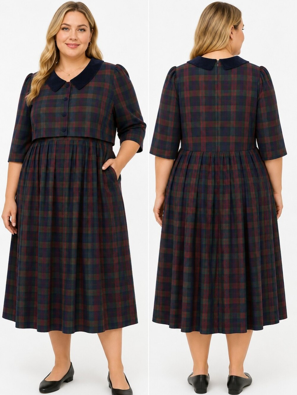 Lady Dorby Vintage 90s Plaid Midi Dress  20WP Blue Green Red Peter Pan Collar